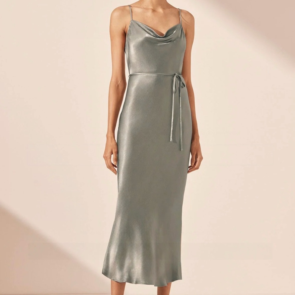 Shona Joy Satin Silver Midi Dress
